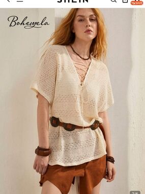 Boheme Cream Lace-Up Openweave Knit Tunic